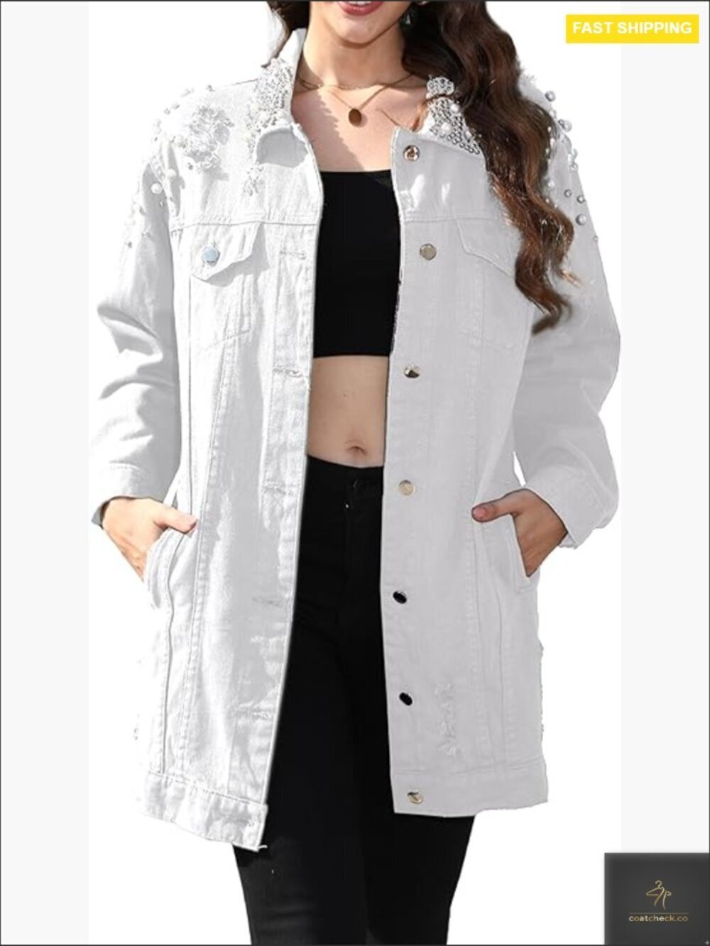 Long Sleeve Denim Jacket Pearl Embellished Boyfriend Fit Classic Trench Coat